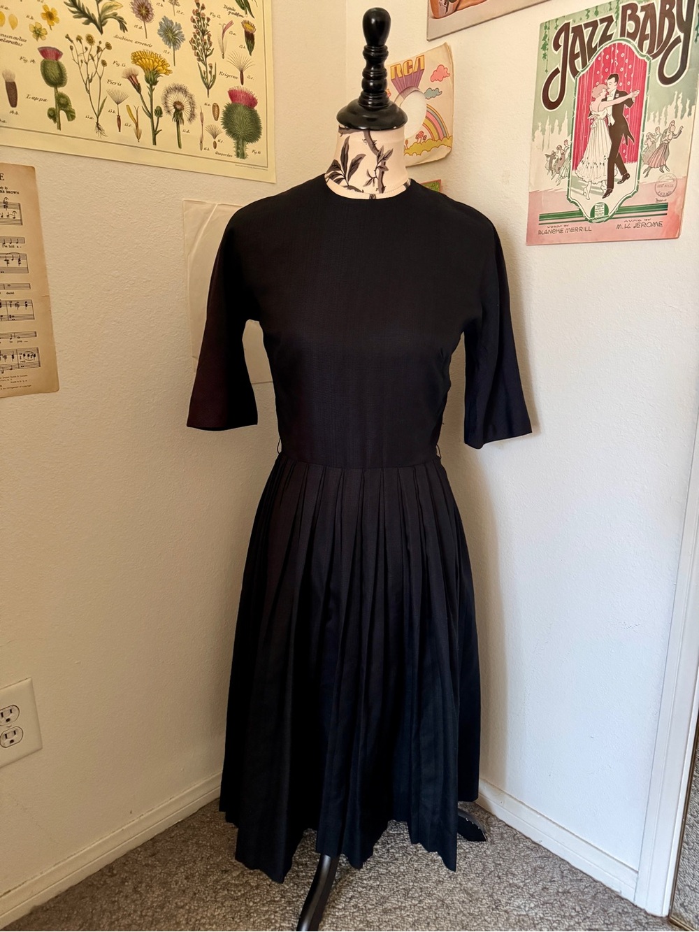 Vintage 1950s Pleated Black Swing Dress